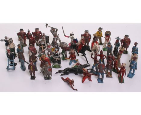 Quantity of Lead Cowboys, Indians, Knights, plus others Johillco, Sacul,Crescent,Fry,ect,  all in playworn condition, (approx