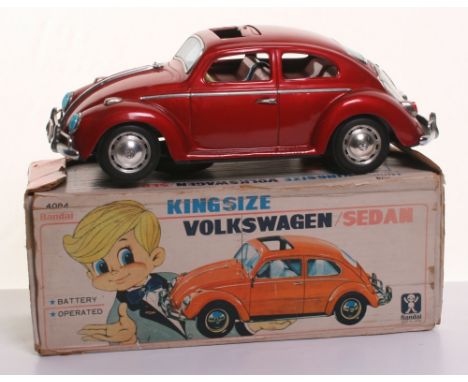 Scarce Bandai 4084 Kingsize Volkswagen Beetle/Sedan Tinplate Car, battery operated, fully working, metallic red, with tinprin