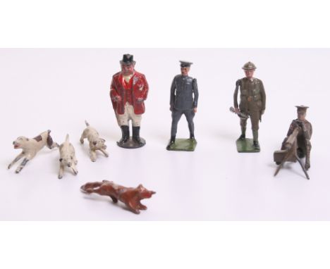 Small Quantity of Lead Figures, 1 x fox, 3 x hounds from Kew hunting series,John Hillco Huntsman, Britains Royal Air Force fi