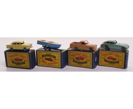 Four Matchbox Moko Lesney Models,45a Vauxhall, primrose  yellow body, with silver trim, metal wheels, in good condition, some