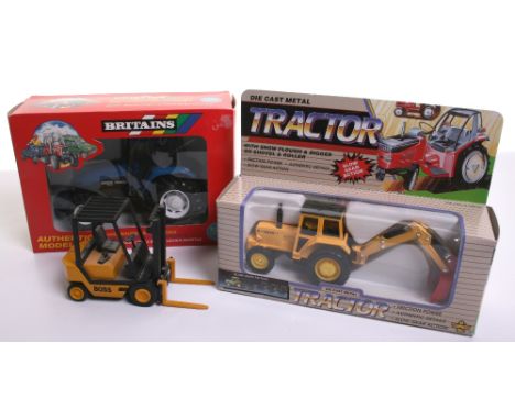 Britains 9488 New Holland 8560 Tractor Medium, mint boxed, plus unboxed NZG 296 unboxed Boss Forklift truck and unknown make 
