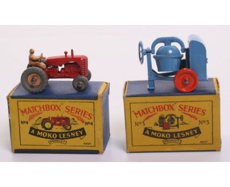 Two Matchbox Moko Lesney Models 3a Cement Mixer, blue body, orange metal wheels, with a excellent B2 box and 4b Massey Harris