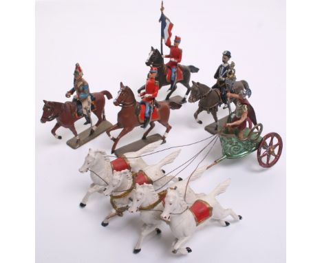 Spenkuch, Germany Roman Chariot with Soldier, circa 1920, 4 x Horse team ,blue gilded chariot, Roman Soldier with red cloak, 