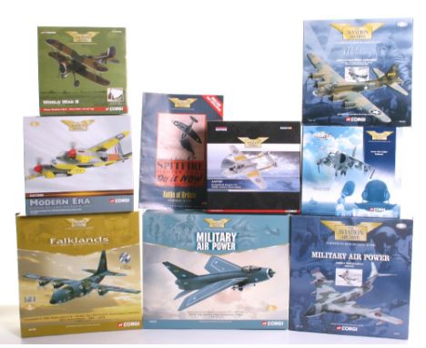 Eight Corgi The Aviation Archive Models AA37305 De Havilland Vampire T.11 WZ507,  Jet Fighter Power AA32401 Harrier GR.3 XZ99