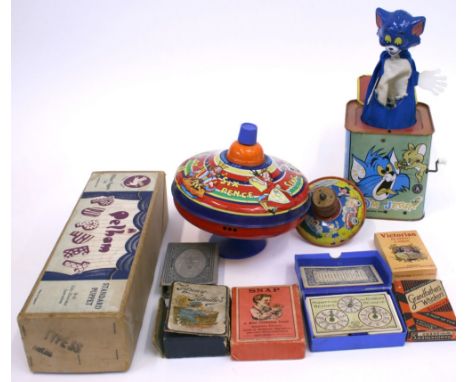 Selection of Novelty Toys and Playing Cards, Chad Valley Spinning Top, Tri-ang spinning top, Burbank Toys Tom & Jerry Music B