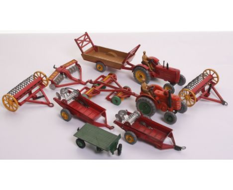 Unboxed Dinky Toys Tractors and Farm Implements,27a Massey Harris Tractor,301 Field Marshall Tractor,320 Halesowen Harvest Tr