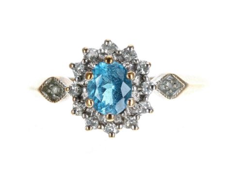 9ct blue topaz and diamond cluster ring, 10mm, 1.8gm, ring size K 