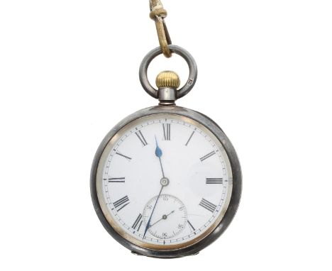 Omega silver cased lever pocket watch, Roman numeral dial, in an engine turned case, case no. 1350971, 51mm; with a leather A