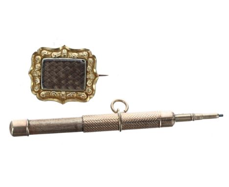 Victorian gold mounted mourning brooch inset with a hair panel, 7.2gm, 29mm x 24mm; with a propelling pencil pendant-pendant 