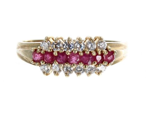 14ct ruby and cz ring, width 8mm, 3.6gm, ring size Q 