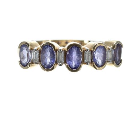 Tanzanite and diamond half-hoop yellow gold ring, 6mm, 3.7gm, ring size O/P 