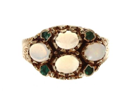 Attractive 9ct opal and emerald ring, with four cabouchon opals, width 12mm, 3.3gm, ring size O/P 