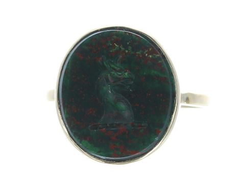 Antique yellow gold bloodstone intaglio ring, 16.5mm x 14mm, 2.7gm, ring size M/N-no hallmark present, sold as 15-18ct for ap