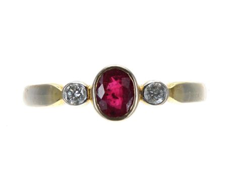 9ct ruby and diamond three stone ring, 1.9gm, 6mm, ring size P-** with a copy of valuation for insurance purposes dated 2010 