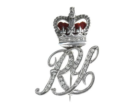 18ct bicolour diamond and enamel Regimental 'RY' brooch, maker 'JWB', Birmingham 1972, 6.8gm, 32mm x 25mm