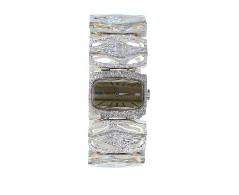 Silver lady's dress bracelet wristwatch, London 1973, tiger's eye style dial, Swiss 17 jewel manual wind movement, integral b