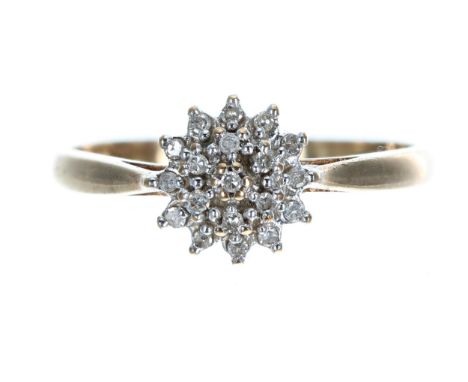 9ct diamond cluster ring,&nbsp;8.5mm, 1.6gm, ring size O 