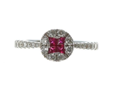 Attractive modern 18ct white gold ruby and diamond cluster ring, with diamond set shoulders and four princess-cut central rub