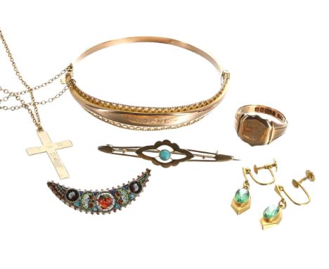 9ct bangle, 9ct signet ring, 9ct necklet and cross pendant, also a 9ct turquoise set brooch an a pair of 9ct earrings, 19.1gm