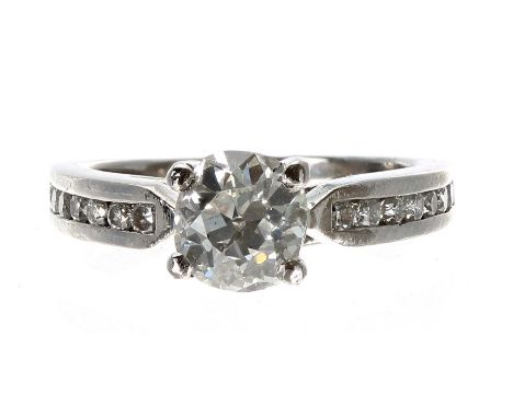 Platinum old-cut solitaire diamond ring with set diamond shoulders,&nbsp;0.90ct approx, clarity VS1, colour I/J, 6.5mm, 5.2gm