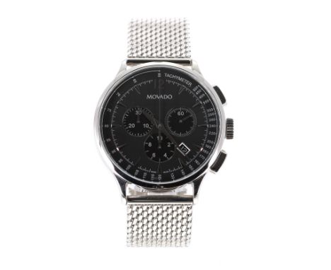 Movado Circa chronograph stainless steel gentleman's bracelet watch, ref. 35.1.14.1184, no. 1413xxxx, circular black dial, qu