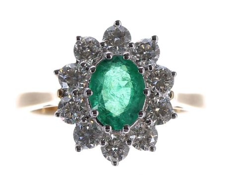 Good 18ct yellow gold oval emerald and diamond cluster ring, the emerald 1.20ct approx, the diamonds 1.00ct approx in total, 