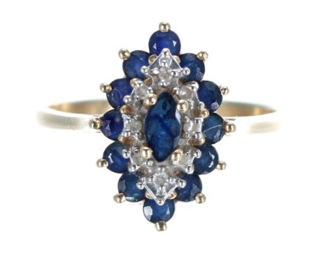 14ct sapphire and diamond marquise cluster ring, 15mm, 2.8gm, ring size M 