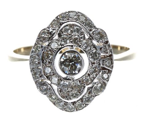 Attractive 18ct yellow gold bombé diamond cluster ring, 0.60ct in total approx, 3gm, 14mm x 12mm, ring size M-a modern ring i