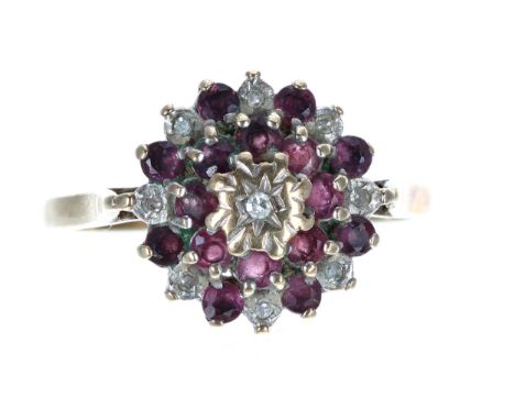 9ct ruby and diamond cluster ring, 13mm diameter, 2.7gm, ring size R 