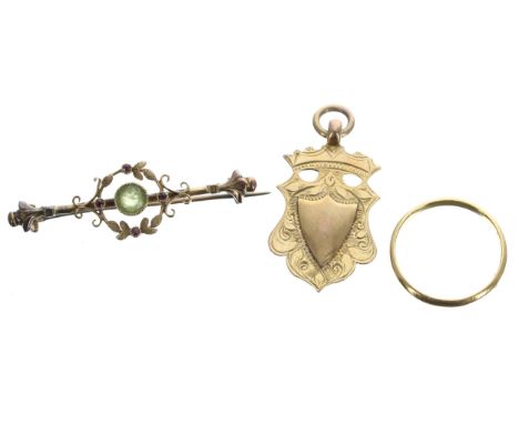9ct medallion fob pendant, 3gm; 22ct narrow wedding band ring, 1.9gm; also a 15ct gem set brooch, 2.3gm (3) 