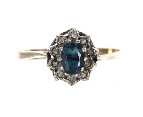 9ct sapphire and diamond cluster ring, width 11mm, 1.9gm, ring size S 