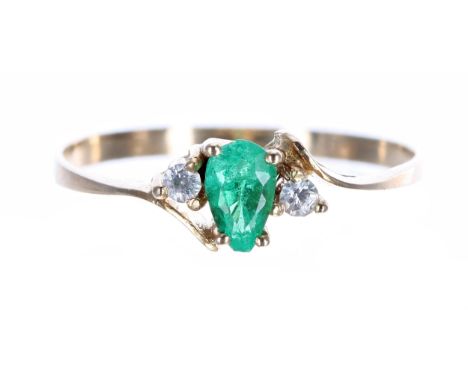 18ct emerald and diamond three stone ring, width 6mm, 1.5gm, ring size O-small chip to the emerald 