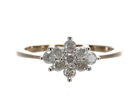 Modern 9ct yellow gold diamond cluster ring, 0.50ct approx, width 9mm, 2.4gm, ring size O/P-** with Gemological Science IDX R