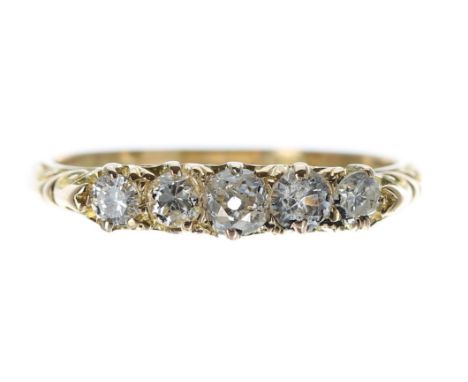 Antique 18ct yellow gold carved five stone diamond ring, old-cut, estimated 0.45ct, approx in total, width 4mm, 3.4gm, ring s