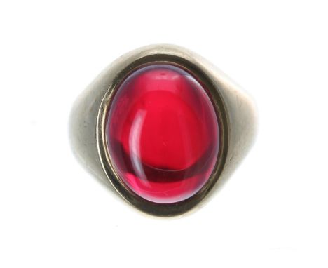9ct yellow cabouchon garnet gentleman's ring, London 1977, width 18mm, 6.5gm, ring size L 
