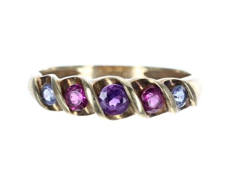 9ct ruby, sapphire and amethyst ring, width 5mm, 2gm, ring size P 