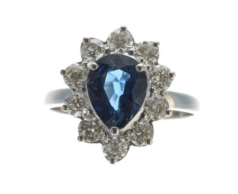 Impressive 18ct white gold sapphire and diamond pear shaped cluster ring, with a pear-cut sapphire 2.05ct approx, is a settin