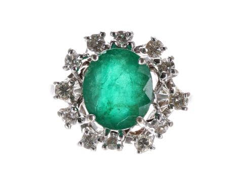 14ct white gold emerald and diamond cluster ring, the emerald 2.00ct approx, width 15mm,&nbsp; 5.5gm, ring size K (721) 