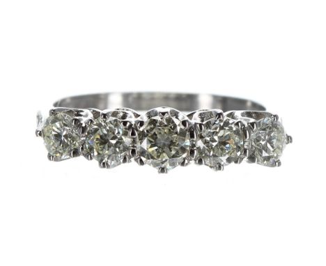 Attractive platinum claw set five stone diamond ring, 1.35ct approx in total, clarity S1-2, colour J/K, 4.8gm, width 6mm, rin