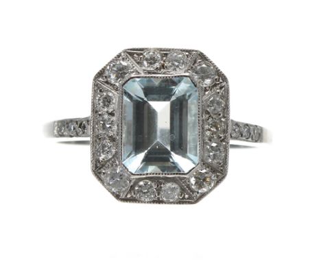 Art Deco style platinum aquamarine and diamond octagonal cluster ring, the aquamarine 1.35ct approx, in a surround of diamond