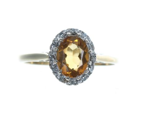 18ct citrine and diamond oval cluster ring, 3.3gm, 11mm, ring size O/P 