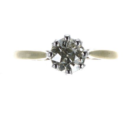 18ct yellow gold solitaire diamond ring, round old-cut, 1.02ct approx, clarity SI2, colour K/L, width 7mm, 3gm, ring size L 