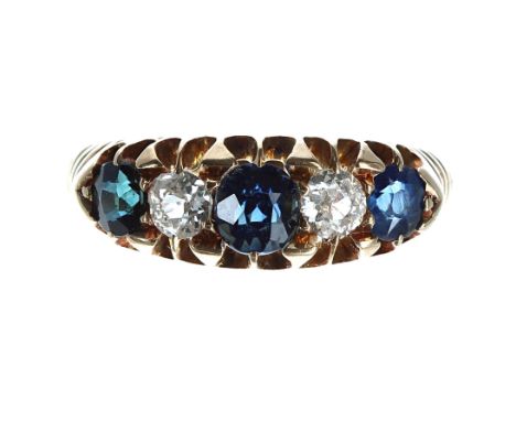 Victorian 18ct five stone sapphire and diamond claw set ring, Birmingham 1876, width 6.5mm, 3.9gm, ring size K 