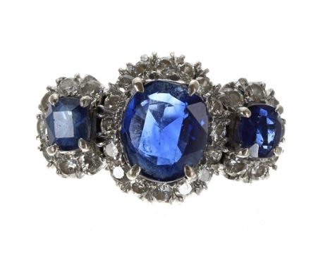 Impressive 14ct white gold sapphire and diamond triple cluster ring, width 13mm, 6.3gm, ring size L/M 