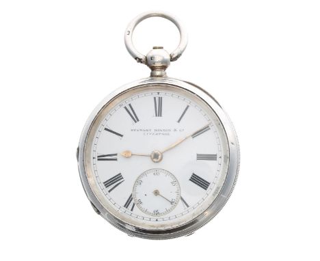 Victorian silver lever pocket watch, Birmingham 1887, signed Stewart Dawson & Co, Liverpool, engine turned case, 51mm-Movemen