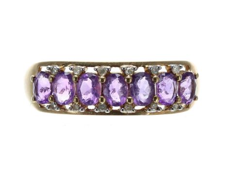 9ct amethyst and diamond set band ring,&nbsp;width 7mm, 2.6gm, ring size T 
