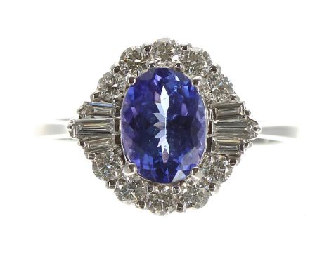 Attractive 18ct white gold tanzanite and diamond cluster ring, the tanzanite 1.32ct approx, the diamonds 0.50ct approx in tot