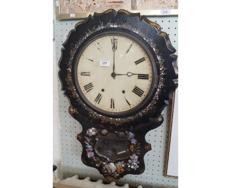 A Victorian papier mache wall clock, the circular painted dial with Roman numerals, the main body with mother of pearl inlaid
