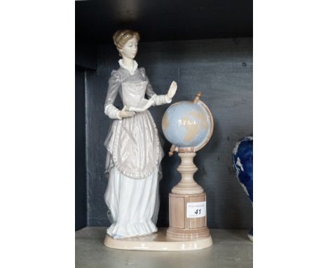 A large Lladro figurine depicting a lady beside a globe.