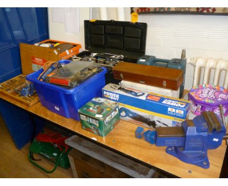 A large collection of tools, to include stocks and dyes, micrometer's, dial gauge, compression tester, pressure test kit, tac